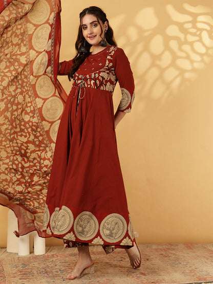 Rayon Calf Length Printed Flared 3/4 Sleeves Round Neck Kurta Bottom Dupatta Set