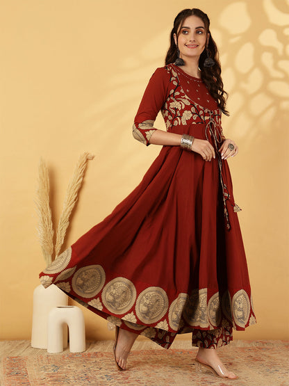 Rayon Calf Length Printed Flared 3/4 Sleeves Round Neck Kurta Bottom Dupatta Set