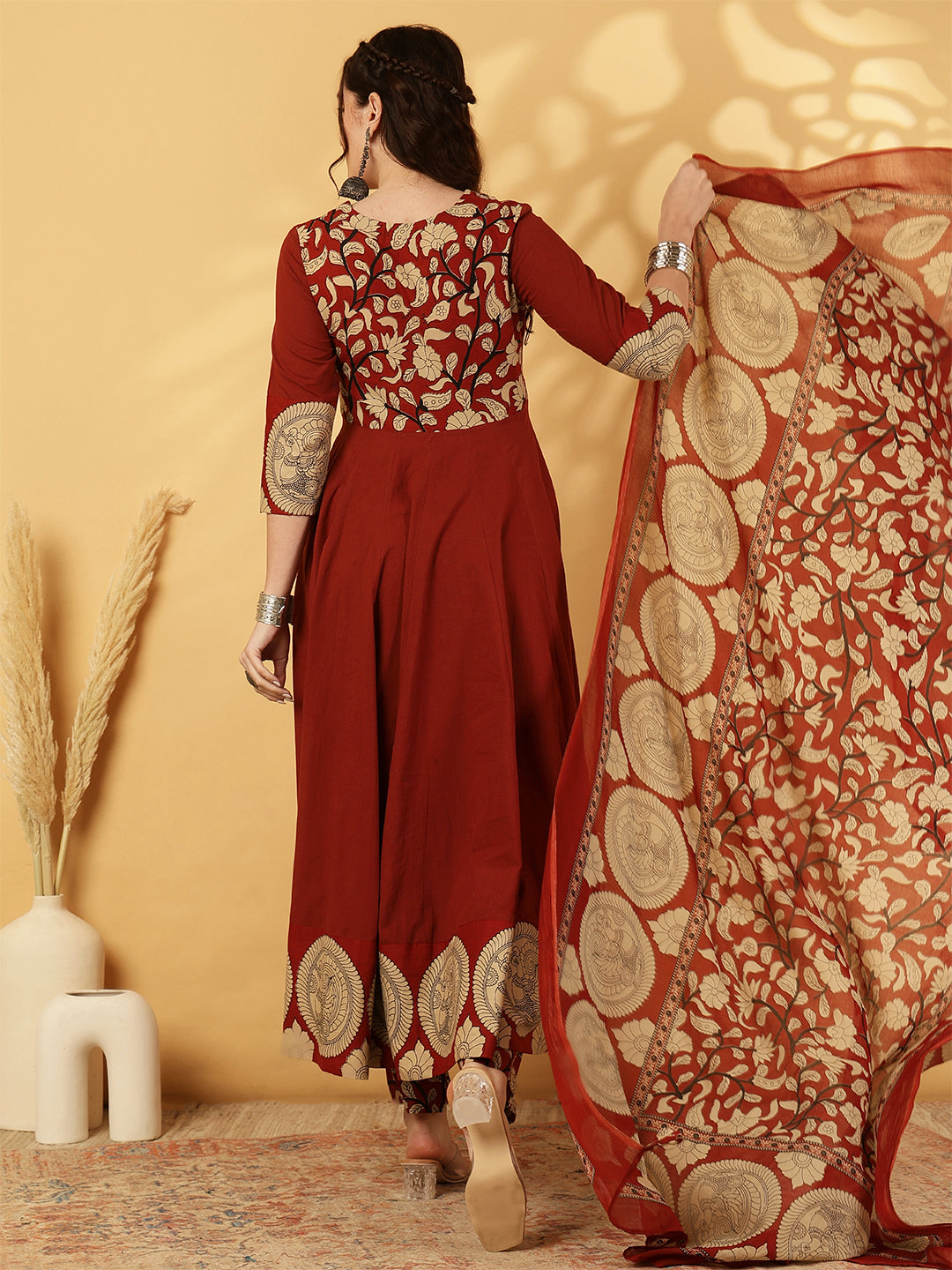 Rayon Calf Length Printed Flared 3/4 Sleeves Round Neck Kurta Bottom Dupatta Set