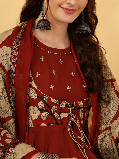 Rayon Calf Length Printed Flared 3/4 Sleeves Round Neck Kurta Bottom Dupatta Set