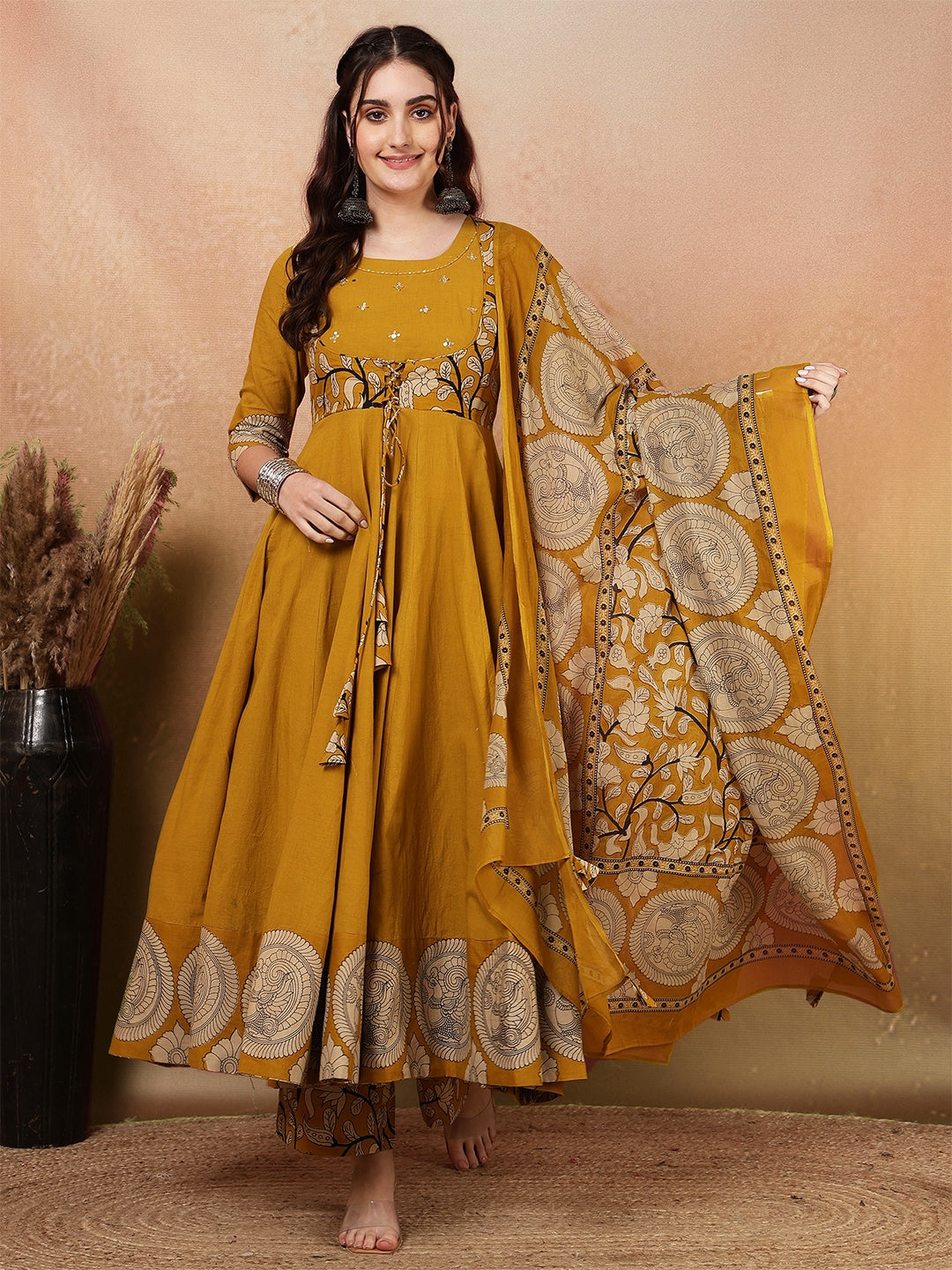 Rayon Calf Length Printed Flared 3/4 Sleeves Round Neck Kurta Bottom Dupatta Set