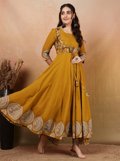 Rayon Calf Length Printed Flared 3/4 Sleeves Round Neck Kurta Bottom Dupatta Set