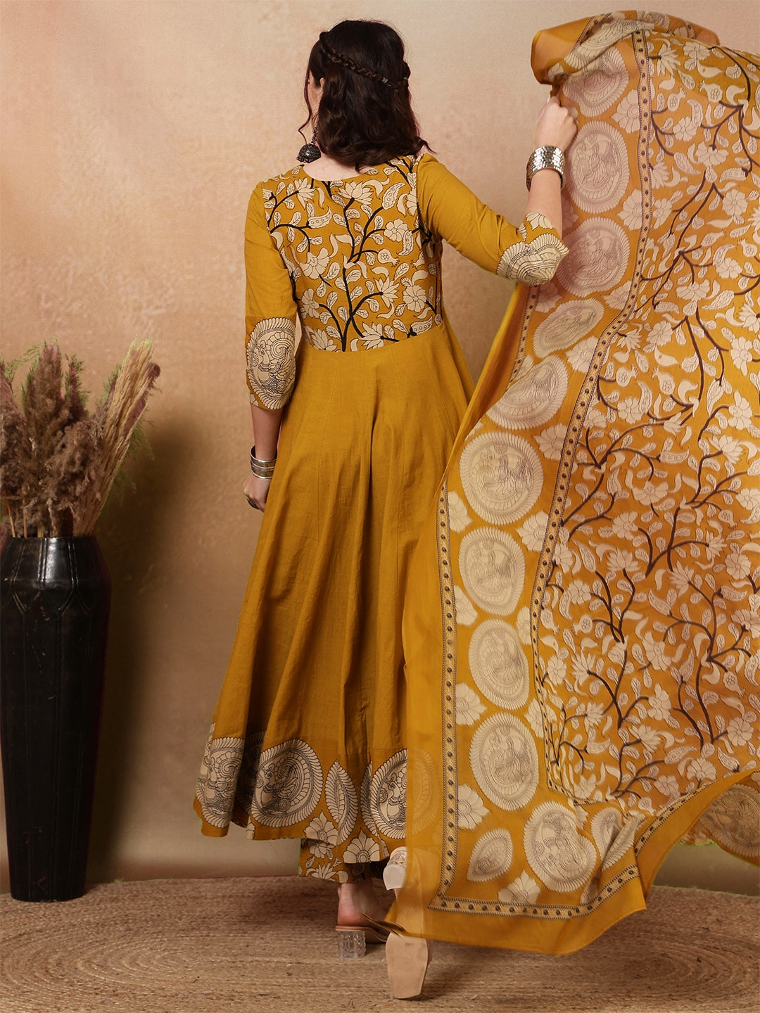 Rayon Calf Length Printed Flared 3/4 Sleeves Round Neck Kurta Bottom Dupatta Set