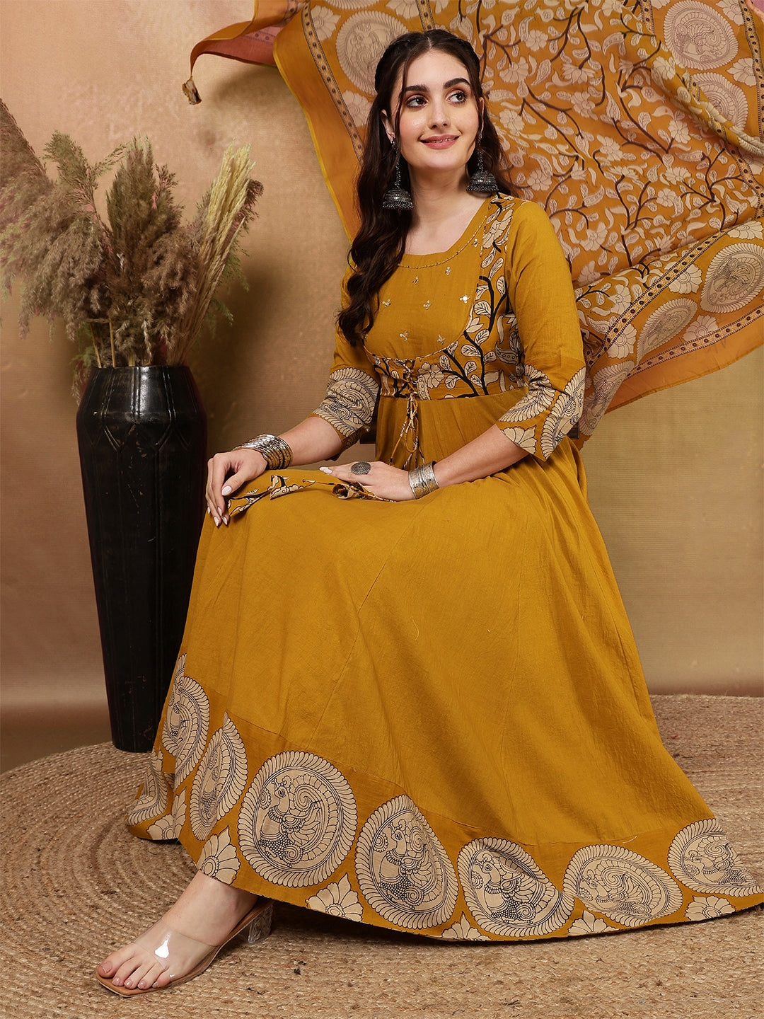 Rayon Calf Length Printed Flared 3/4 Sleeves Round Neck Kurta Bottom Dupatta Set