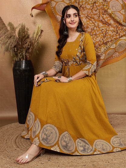 Rayon Calf Length Printed Flared 3/4 Sleeves Round Neck Kurta Bottom Dupatta Set