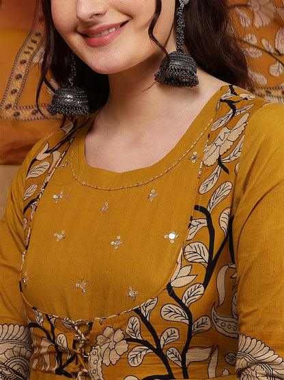 Rayon Calf Length Printed Flared 3/4 Sleeves Round Neck Kurta Bottom Dupatta Set