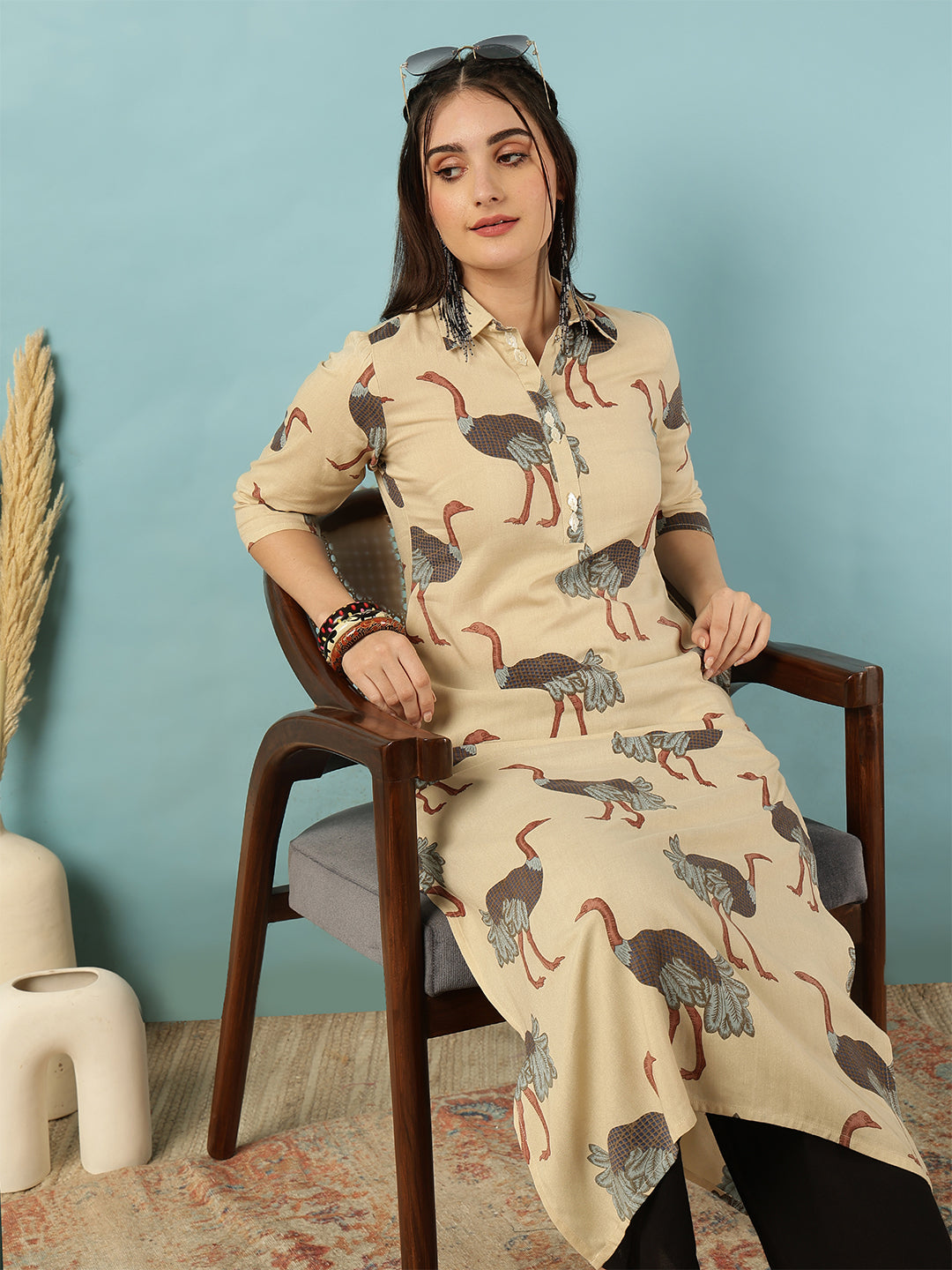 Rayon Calf Length Printed Straight 3/4 Sleeves Shirt Collar Kurta