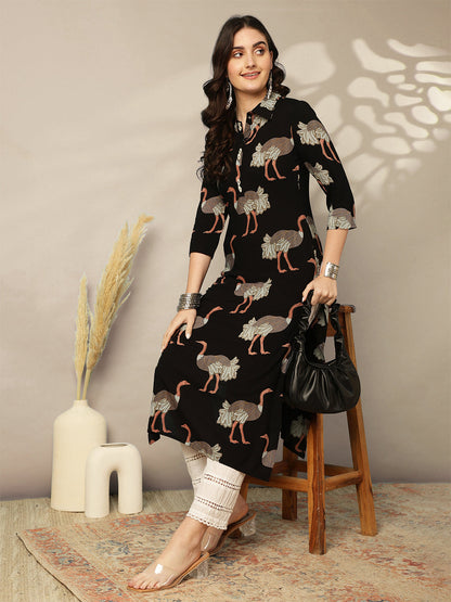 Rayon Calf Length Printed Straight 3/4 Sleeves Shirt Collar Kurta