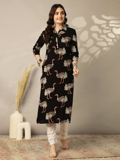 Rayon Calf Length Printed Straight 3/4 Sleeves Shirt Collar Kurta