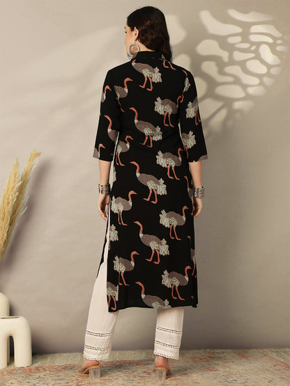 Rayon Calf Length Printed Straight 3/4 Sleeves Shirt Collar Kurta