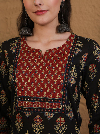 Cotton Calf Length Printed Three-Quarter Sleeves Round Neck Straight Kurta Bottom With Dupatta