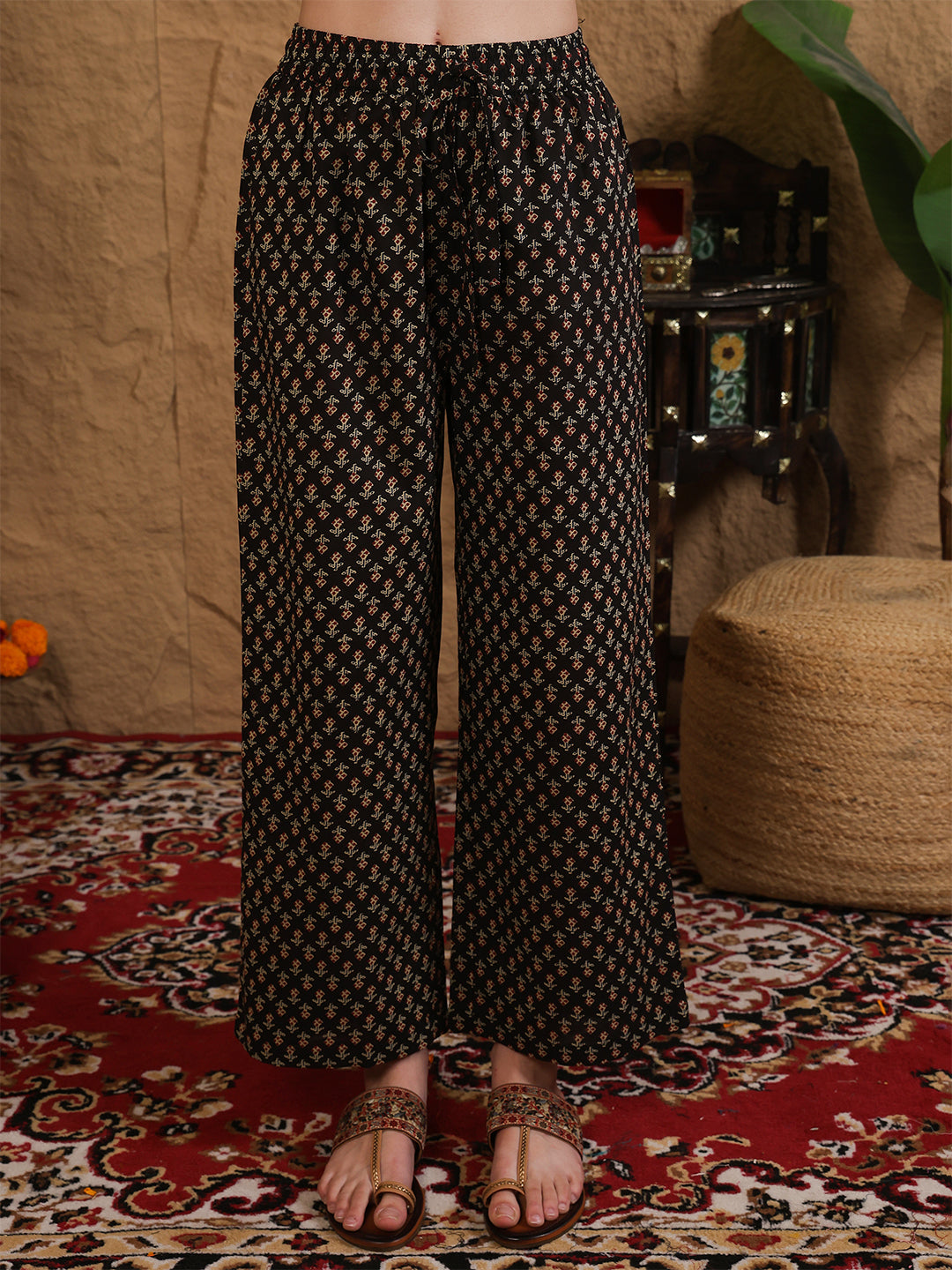 Cotton Calf Length Printed Three-Quarter Sleeves Round Neck Straight Kurta Bottom With Dupatta
