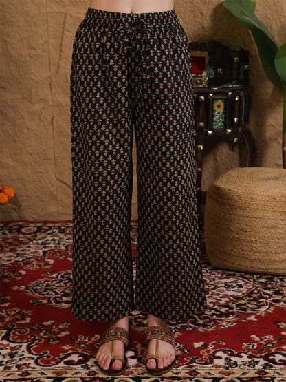 Cotton Calf Length Printed Three-Quarter Sleeves Round Neck Straight Kurta Bottom With Dupatta