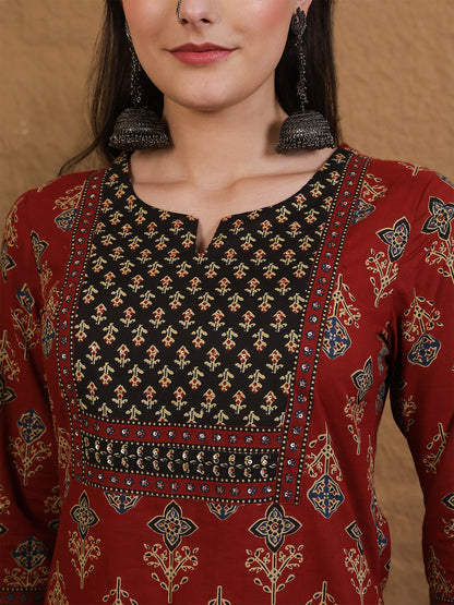 Cotton Calf Length Printed Three-Quarter Sleeves Round Neck Straight Kurta Bottom With Dupatta