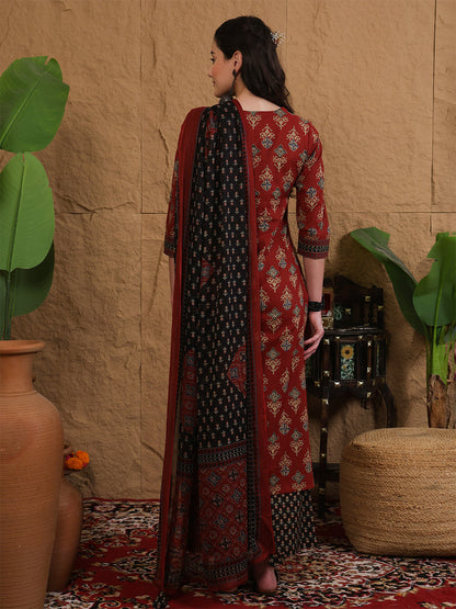 Cotton Calf Length Printed Three-Quarter Sleeves Round Neck Straight Kurta Bottom With Dupatta