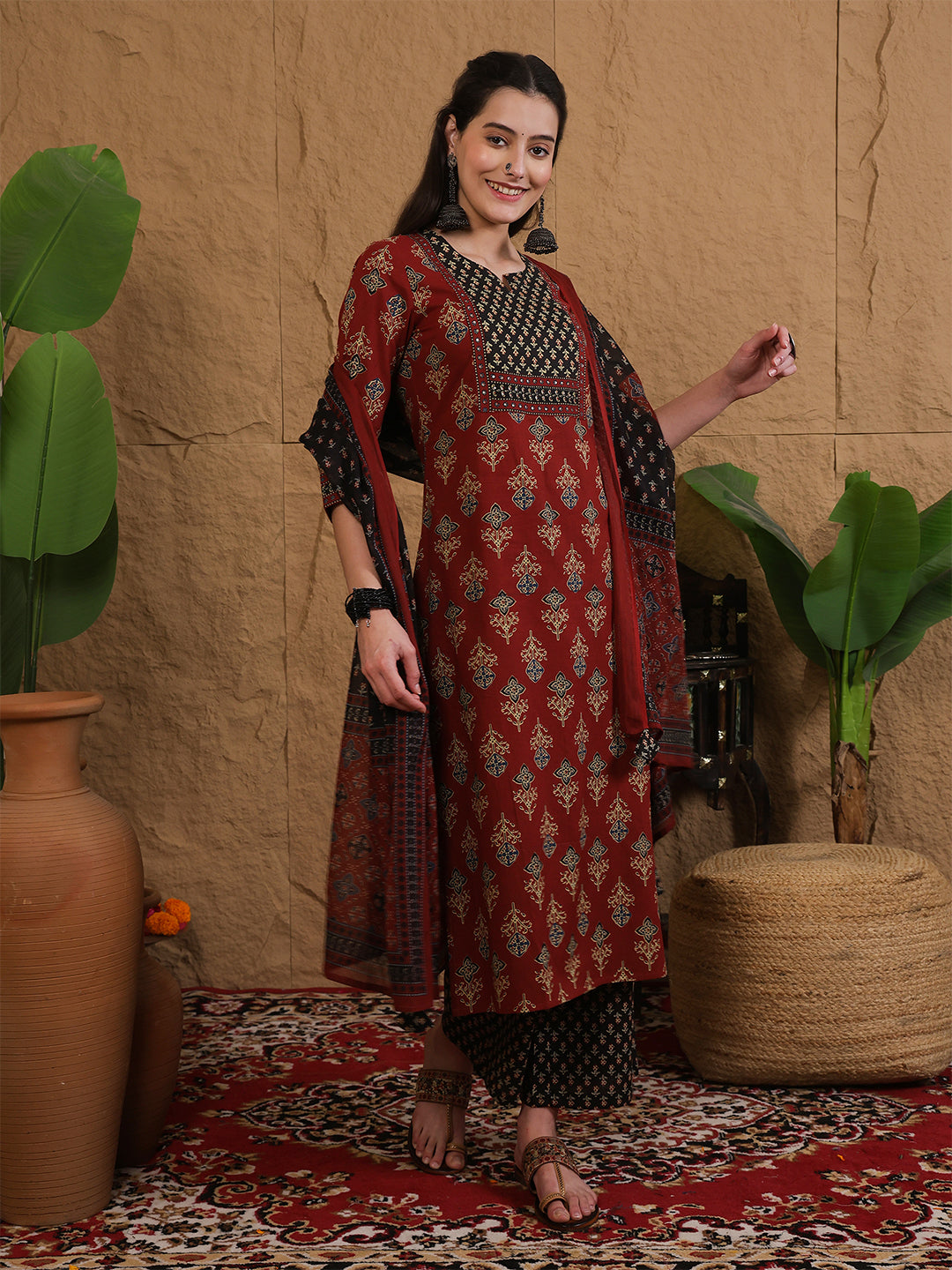 Cotton Calf Length Printed Three-Quarter Sleeves Round Neck Straight Kurta Bottom With Dupatta