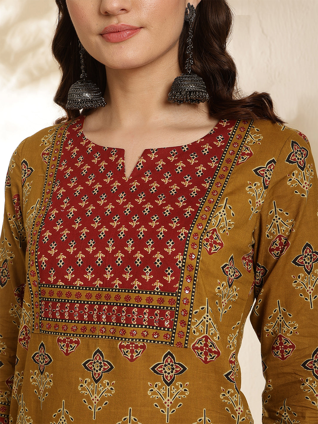 Cotton Calf Length Printed Three-Quarter Sleeves Round Neck Straight Kurta Bottom With Dupatta