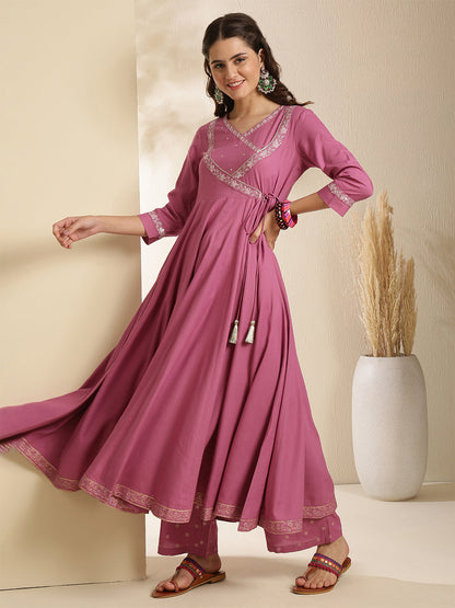 Rayon Calf Length Solid Three-Quarter Sleeves V-Neck Anarkali Kurta Bottom With Dupatta