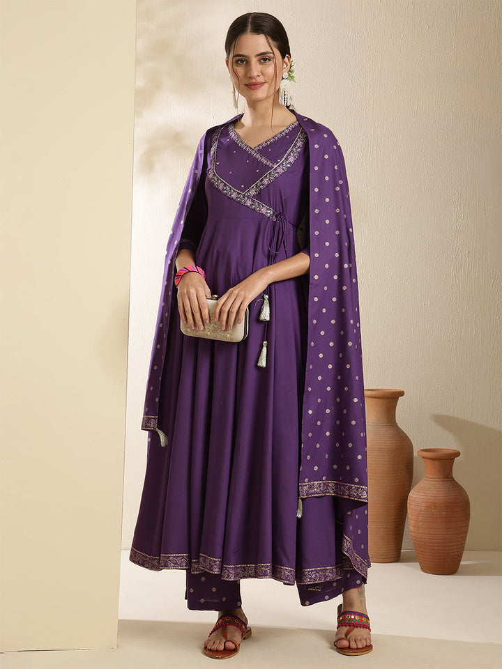 Rayon Calf Length Solid Three-Quarter Sleeves V-Neck Anarkali Kurta Bottom With Dupatta