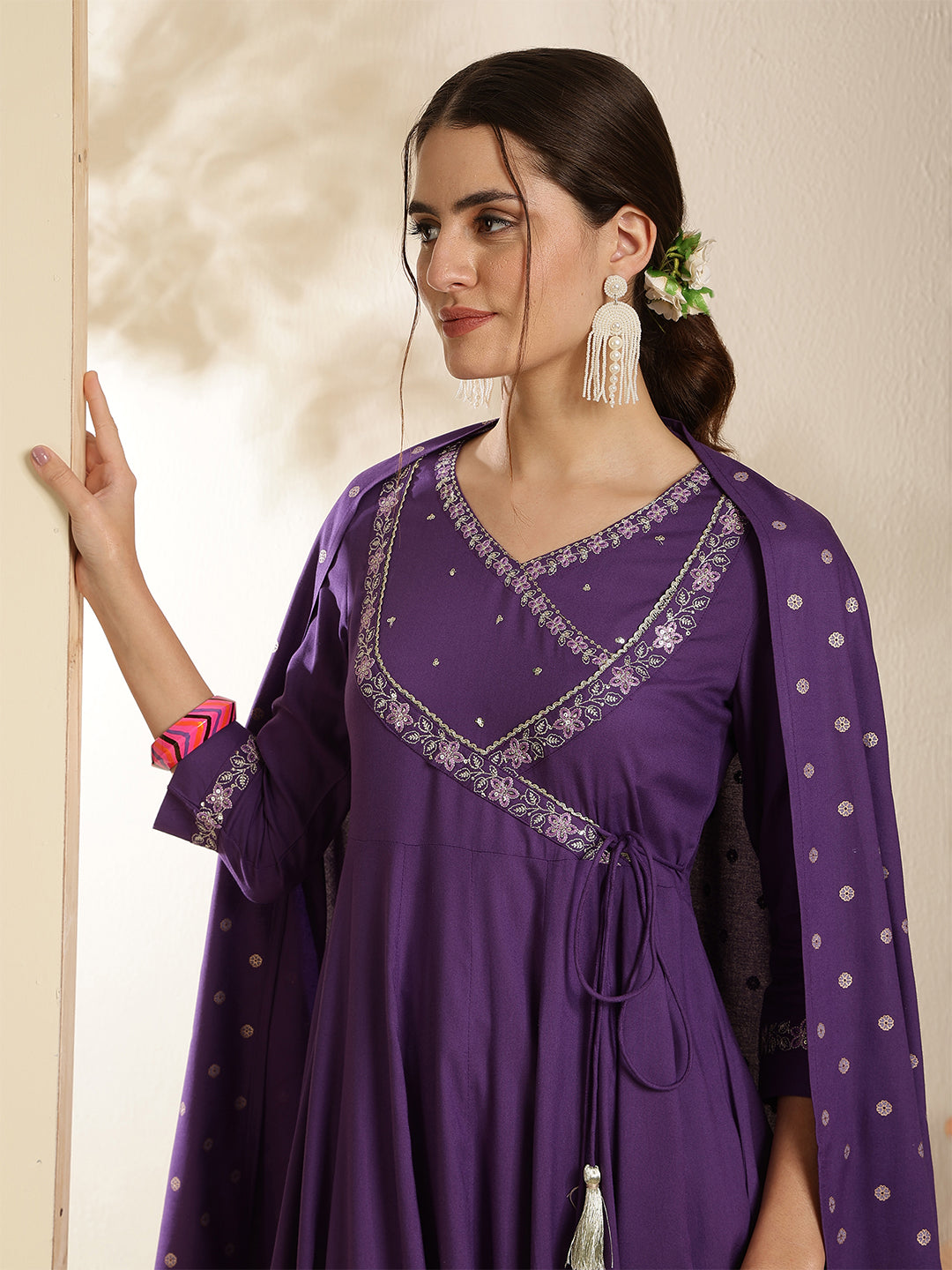 Rayon Calf Length Solid Three-Quarter Sleeves V-Neck Anarkali Kurta Bottom With Dupatta