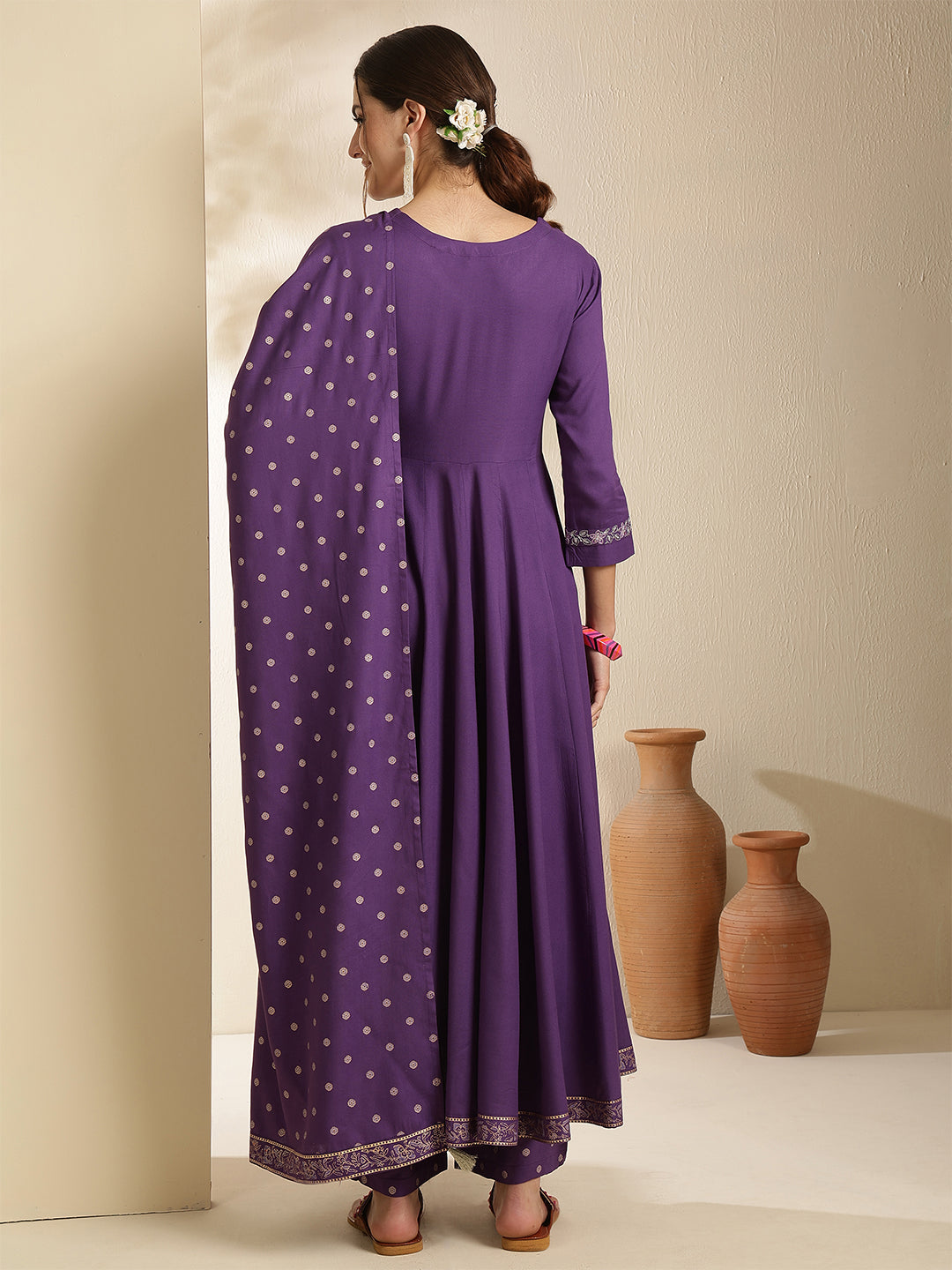 Rayon Calf Length Solid Three-Quarter Sleeves V-Neck Anarkali Kurta Bottom With Dupatta
