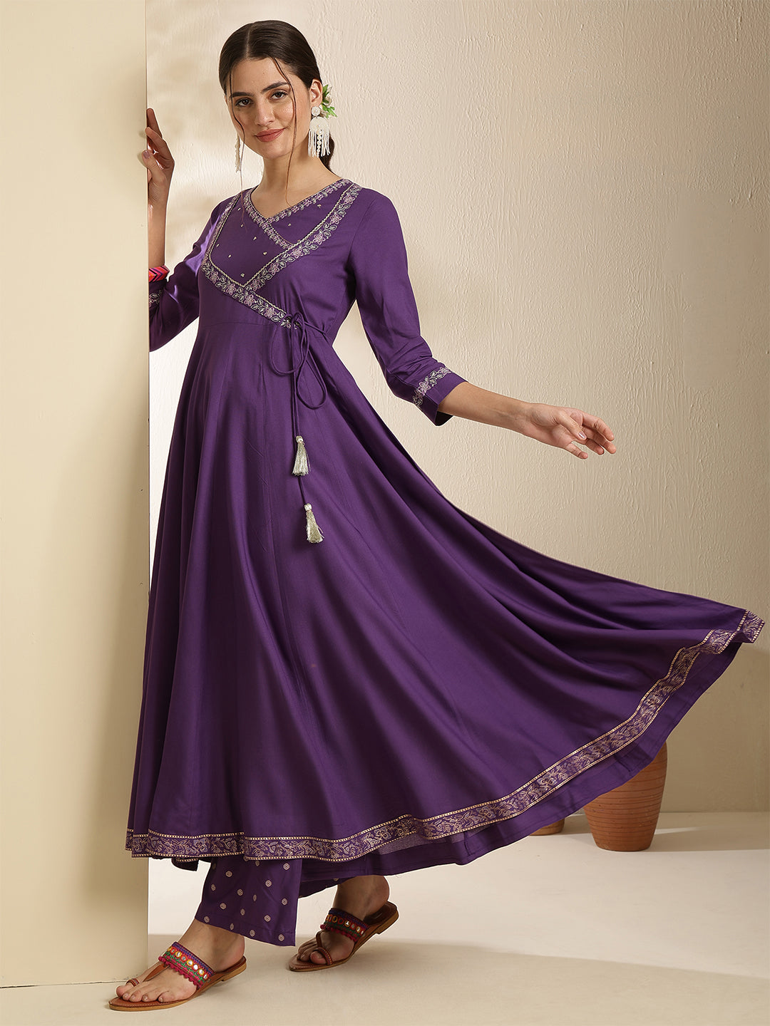 Rayon Calf Length Solid Three-Quarter Sleeves V-Neck Anarkali Kurta Bottom With Dupatta