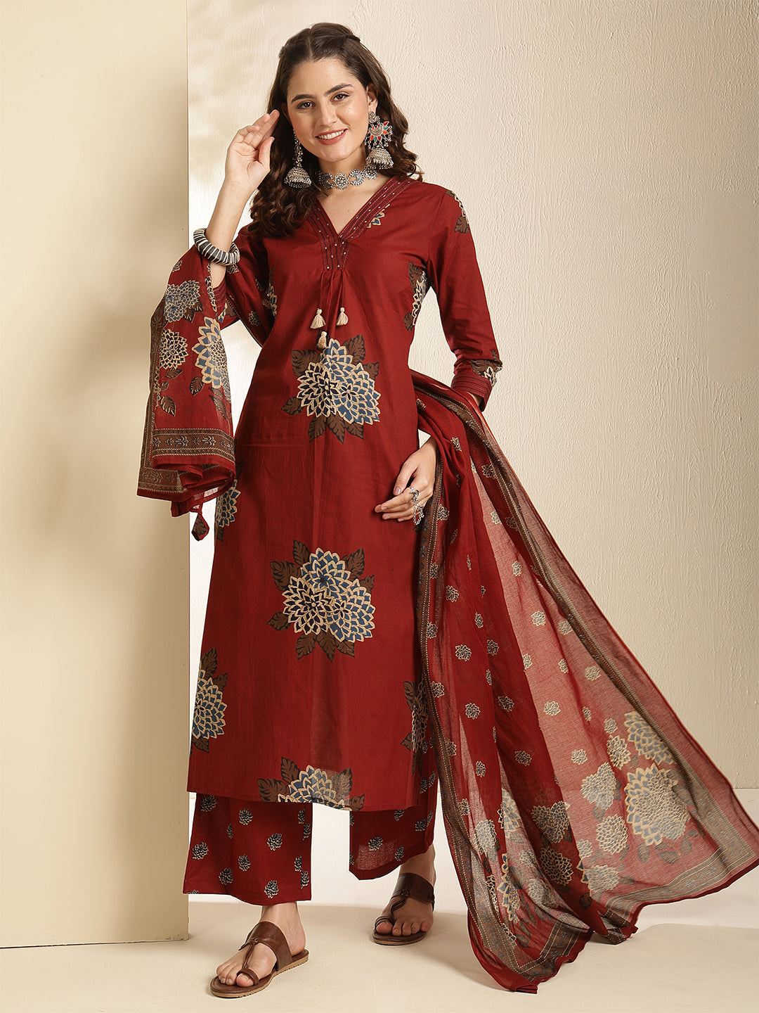 Cotton Calf Length Printed Three-Quarter Sleeves V-Neck Straight Kurta Bottom With Dupatta