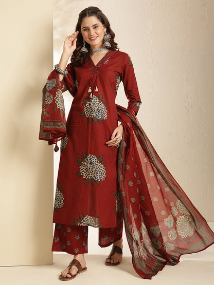 Cotton Calf Length Printed Three-Quarter Sleeves V-Neck Straight Kurta Bottom With Dupatta