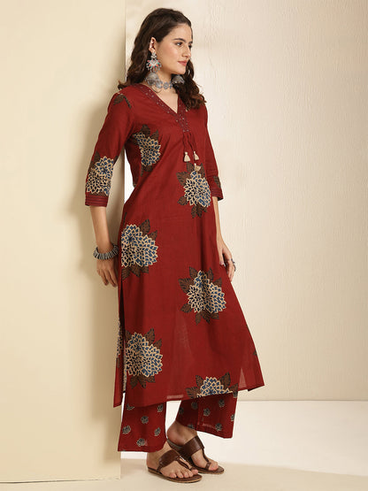 Cotton Calf Length Printed Three-Quarter Sleeves V-Neck Straight Kurta Bottom With Dupatta