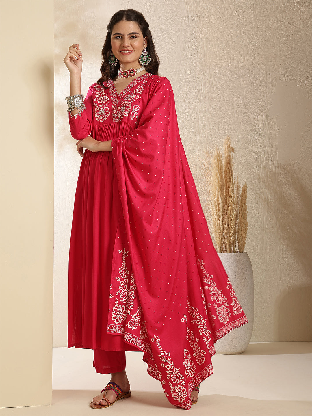 Rayon Calf Length Solid Three-Quarter Sleeves V-Neck Semi-Flared Kurta Bottom With Dupatta