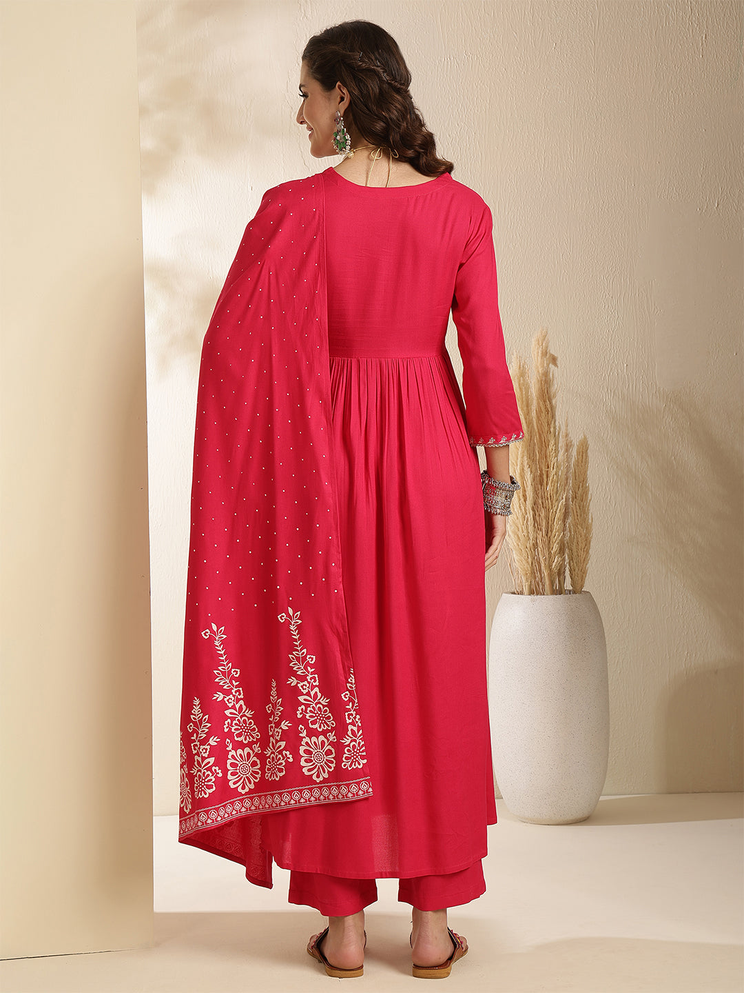 Rayon Calf Length Solid Three-Quarter Sleeves V-Neck Semi-Flared Kurta Bottom With Dupatta