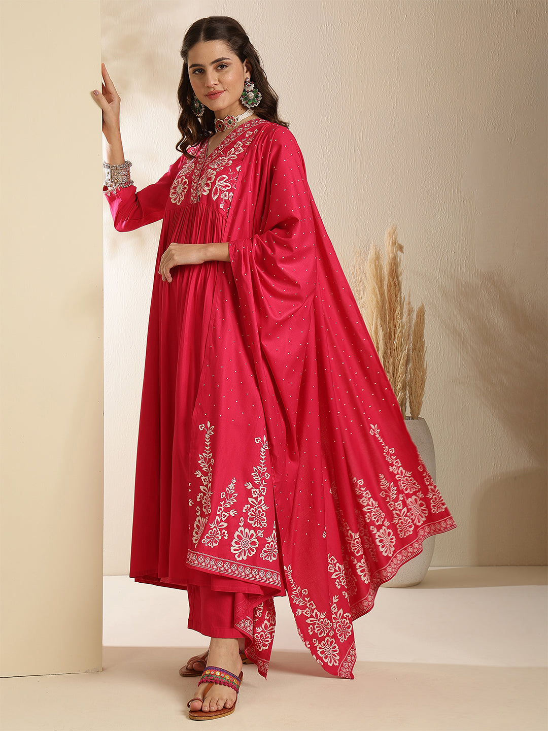Rayon Calf Length Solid Three-Quarter Sleeves V-Neck Semi-Flared Kurta Bottom With Dupatta