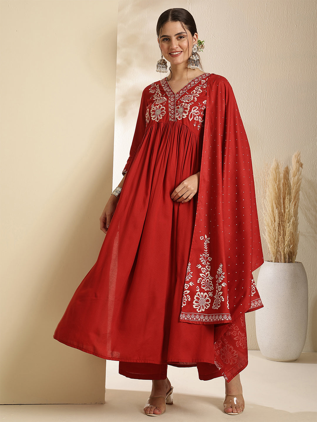 Rayon Calf Length Solid Three-Quarter Sleeves V-Neck Semi-Flared Kurta Bottom With Dupatta