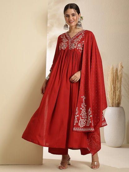 Rayon Calf Length Solid Three-Quarter Sleeves V-Neck Semi-Flared Kurta Bottom With Dupatta