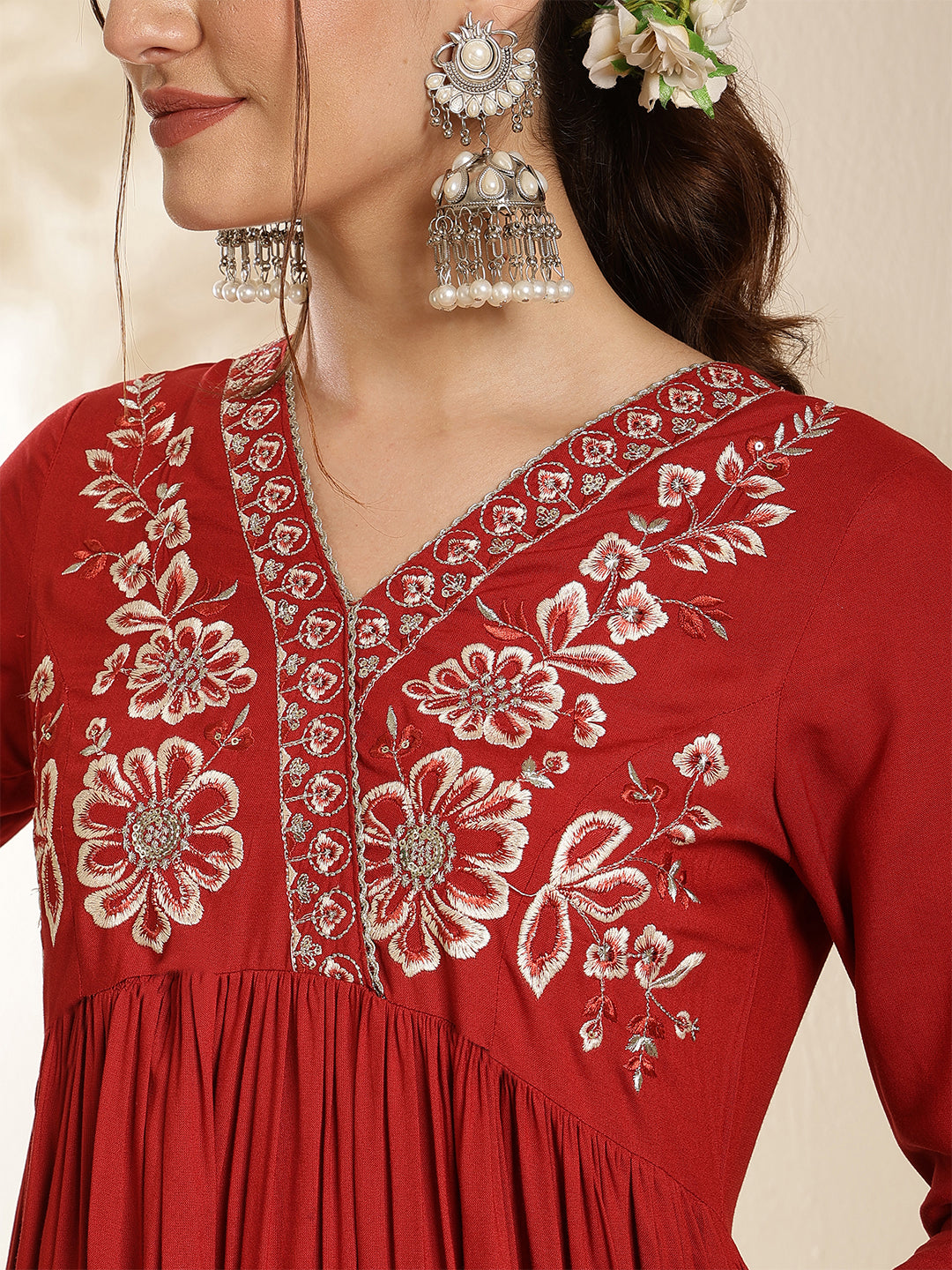 Rayon Calf Length Solid Three-Quarter Sleeves V-Neck Semi-Flared Kurta Bottom With Dupatta