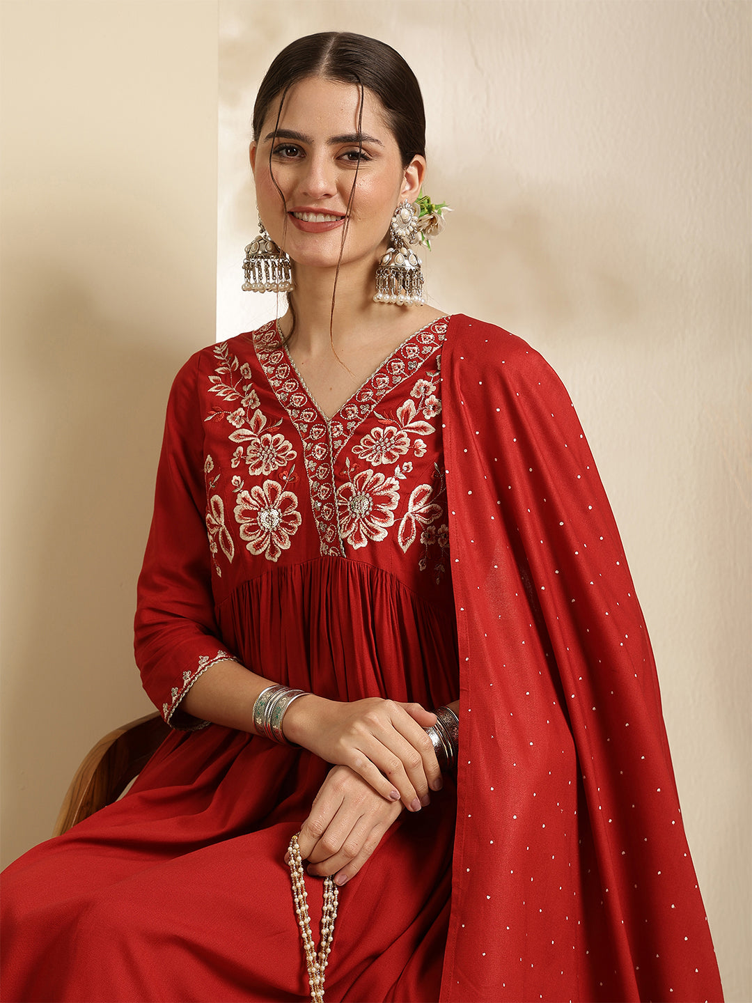 Rayon Calf Length Solid Three-Quarter Sleeves V-Neck Semi-Flared Kurta Bottom With Dupatta