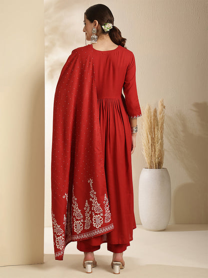 Rayon Calf Length Solid Three-Quarter Sleeves V-Neck Semi-Flared Kurta Bottom With Dupatta