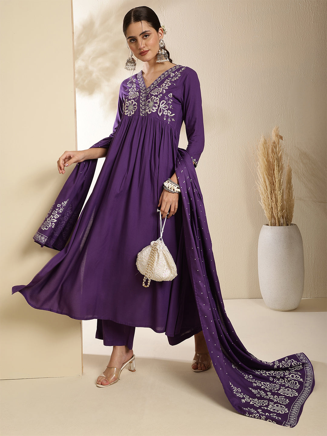 Rayon Calf Length Solid Three-Quarter Sleeves V-Neck Semi-Flared Kurta Bottom With Dupatta