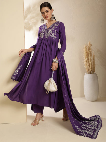 Rayon Calf Length Solid Three-Quarter Sleeves V-Neck Semi-Flared Kurta Bottom With Dupatta