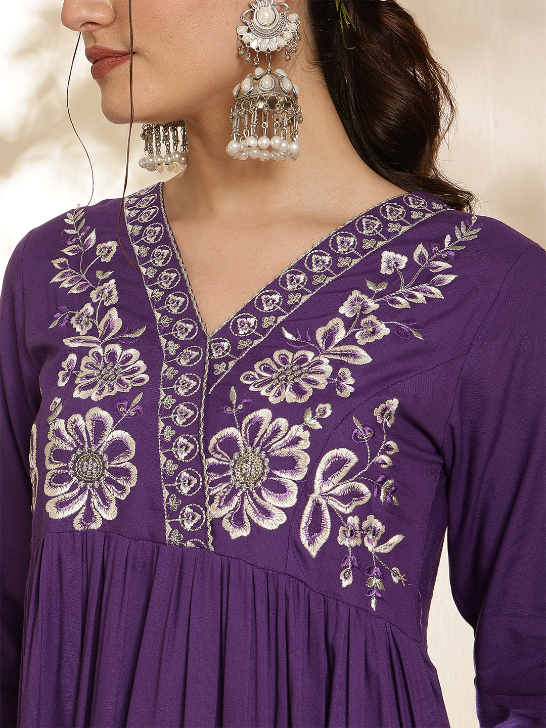 Rayon Calf Length Solid Three-Quarter Sleeves V-Neck Semi-Flared Kurta Bottom With Dupatta