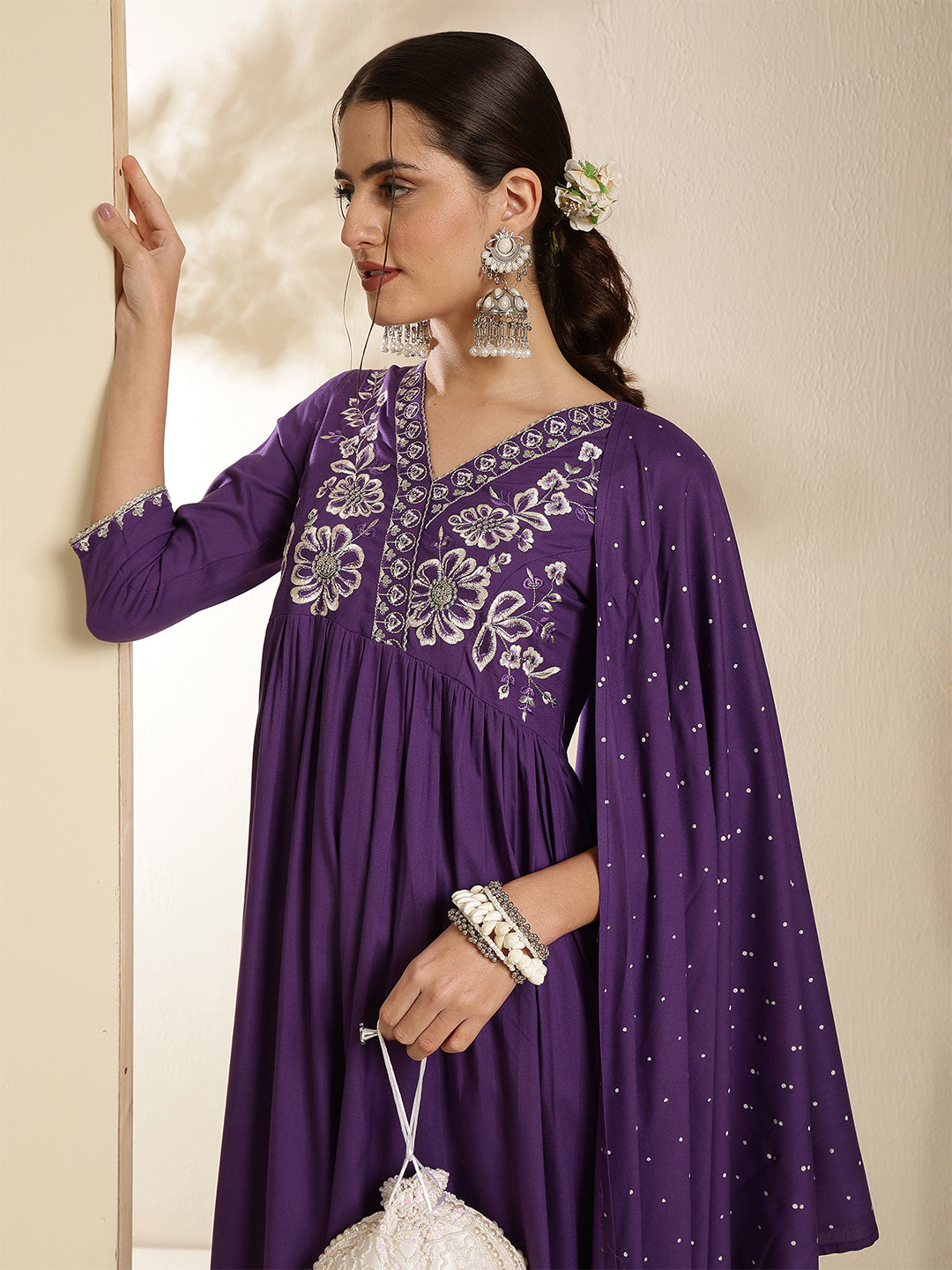 Rayon Calf Length Solid Three-Quarter Sleeves V-Neck Semi-Flared Kurta Bottom With Dupatta