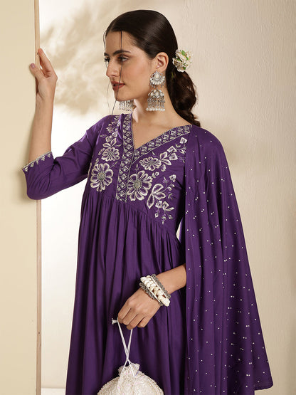 Rayon Calf Length Solid Three-Quarter Sleeves V-Neck Semi-Flared Kurta Bottom With Dupatta