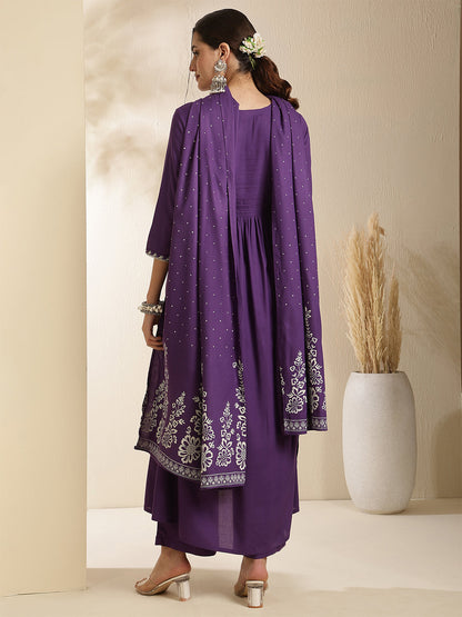 Rayon Calf Length Solid Three-Quarter Sleeves V-Neck Semi-Flared Kurta Bottom With Dupatta
