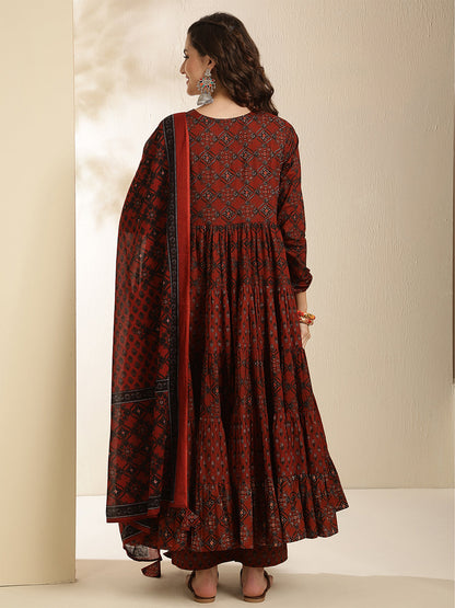 Cotton Calf Length Printed Three-Quarter Sleeves Key Hole Neck Anarkali Kurta Bottom With Dupatta