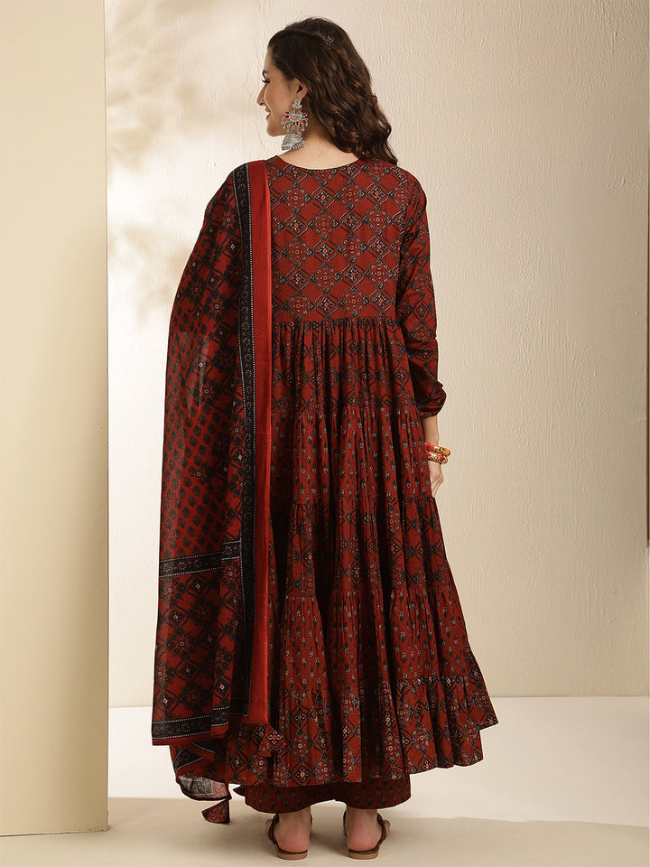 Cotton Calf Length Printed Three-Quarter Sleeves Key Hole Neck Anarkali Kurta Bottom With Dupatta
