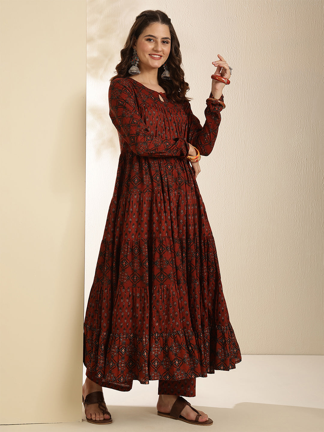 Cotton Calf Length Printed Three-Quarter Sleeves Key Hole Neck Anarkali Kurta Bottom With Dupatta