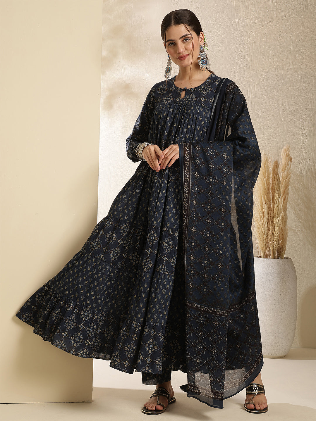 Cotton Calf Length Printed Three-Quarter Sleeves Key Hole Neck Anarkali Kurta Bottom With Dupatta