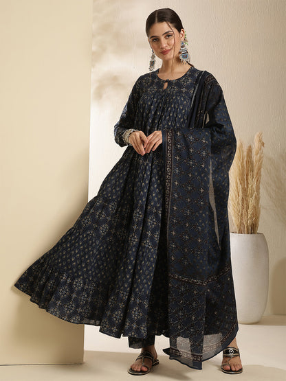 Cotton Calf Length Printed Three-Quarter Sleeves Key Hole Neck Anarkali Kurta Bottom With Dupatta