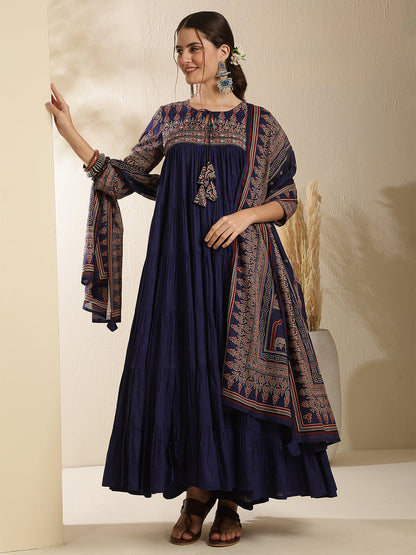 Cotton Calf Length Solid Three-Quarter Sleeves Key Hole Neck Anarkali Kurta Bottom With Dupatta