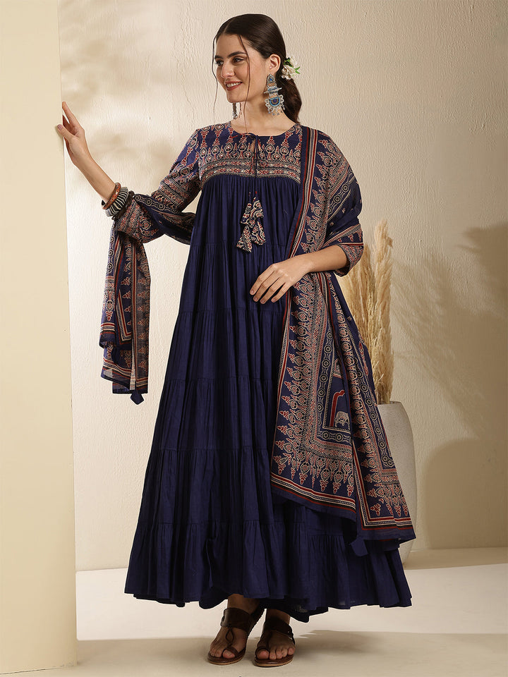 Cotton Calf Length Solid Three-Quarter Sleeves Key Hole Neck Anarkali Kurta Bottom With Dupatta